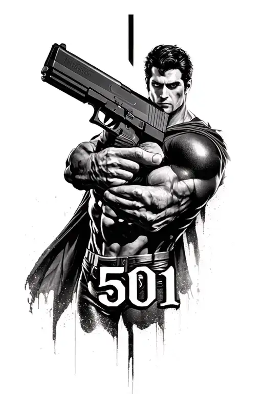 "501" superman holding a Glock pistol black and grey tattoo tattoo design idea
