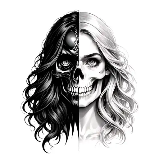 face is half a beautiful woman, long hair and half a skull/demon tattoo design idea