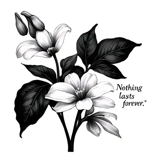 "Nothing lasts forever " snowdrop flower large black leaves tattoo design idea