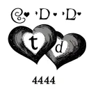 two hearts with initials t and d date 12121 with number 444 tattoo design idea