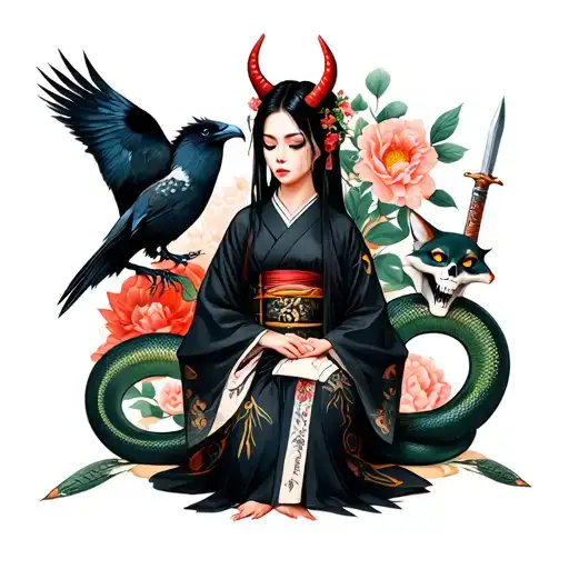 Neo trad dark fantasy jap woman with demon horns in kimono, snake, three eyes raven, skull head, fox, dagger, flowers tattoo design idea