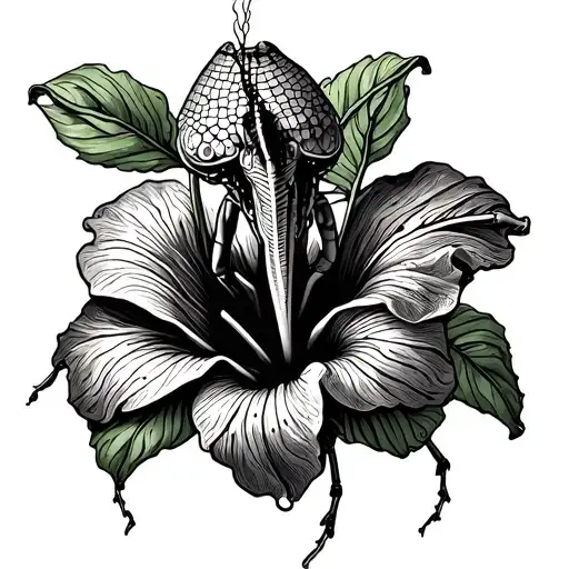 cone head praying mantis with hibiscus flower tattoo design idea