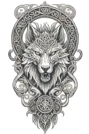 fenrir whit runes and snake, tree of life intertwined, viking axes tattoo design idea