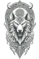 fenrir whit runes and snake, tree of life intertwined, viking axes tattoo design idea