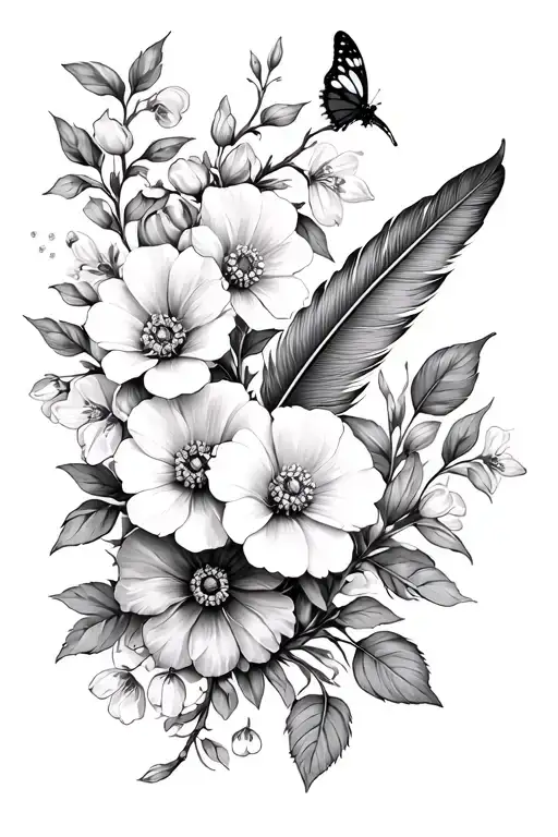 rose vine, cosmos, sweet pea, cherry blossom, lilly of the valley, larkspur, marigold, butterfly, feather, jewels tattoo design idea