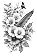 rose vine, cosmos, sweet pea, cherry blossom, lilly of the valley, larkspur, marigold, butterfly, feather, jewels tattoo design idea