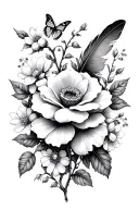 rose vine, cosmos, sweet pea, cherry blossom, lilly of the valley, larkspur, marigold, butterfly, feather, jewels tattoo design idea