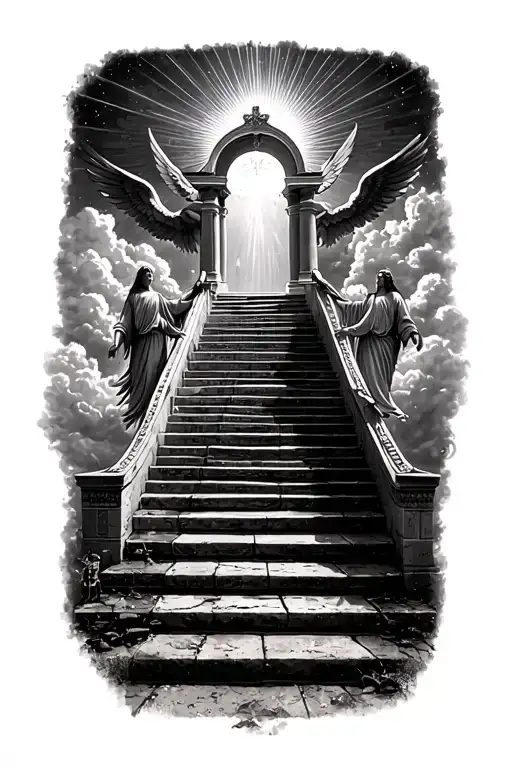 stairway to heaven walking up stairs angels sun rays clouds heaven gate at the top of the stairs  tattoo design idea