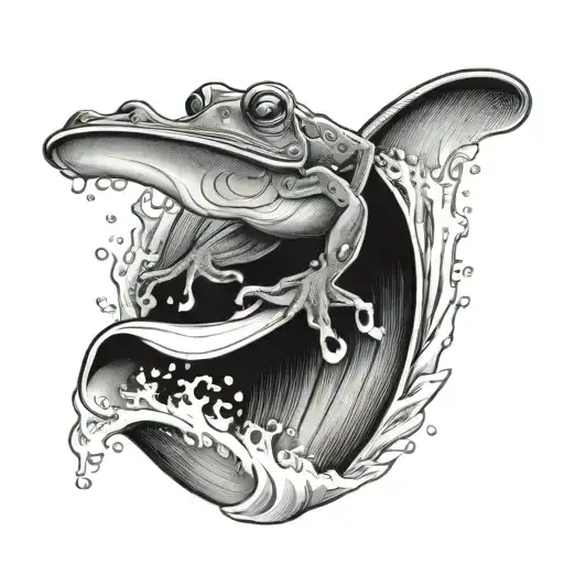give me a tattoo design of a red frog surfing on a surfboard in a barrel under a reef tattoo design idea