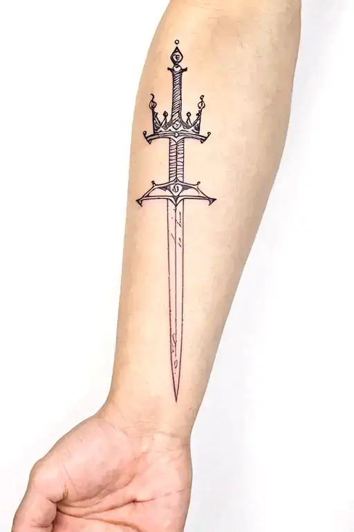 Minimal sleeve tattoo featuring crown touch of god a sword a triangle and a Micah 7:8 tattoo design idea