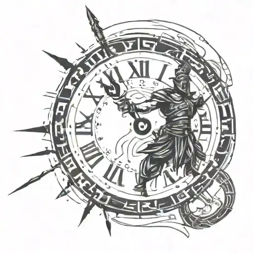 A powerful image of a warrior symbolizing self-discipline, around images for stay proactive, old clock, be intentional tattoo design idea