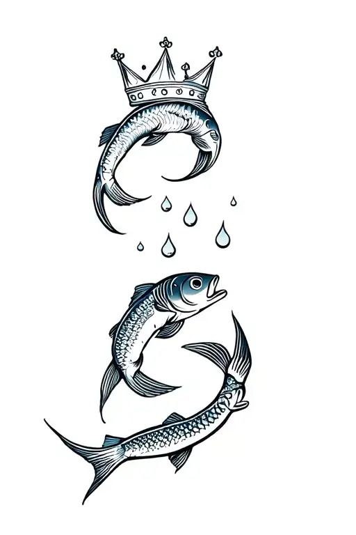 crown over Pisces sign over 2 fish swimming over falling man over droplet tattoo design idea