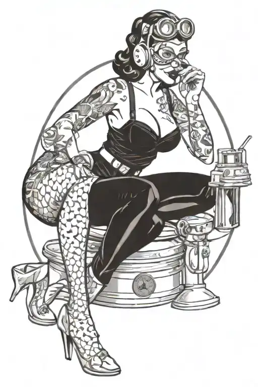 sexy pin up donning welding mask and lingerie, big, round ass, on her knees using torch, she's very fit. not weird look tattoo design idea