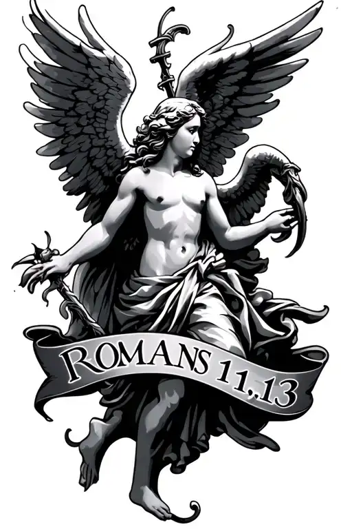 "Romans 12:13" Angel tattoo design idea