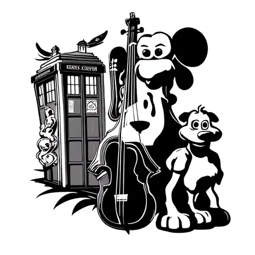 back and white tattoo half sleeve design including doctor who Marvel Avengers Plymouth Argyle FC Wallace and Gromit Viol tattoo design idea