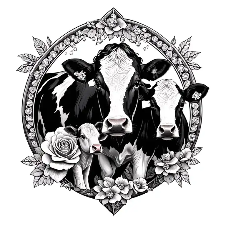 Memorial of my mom with cow,diamonds and roses and baby cow  tattoo design idea