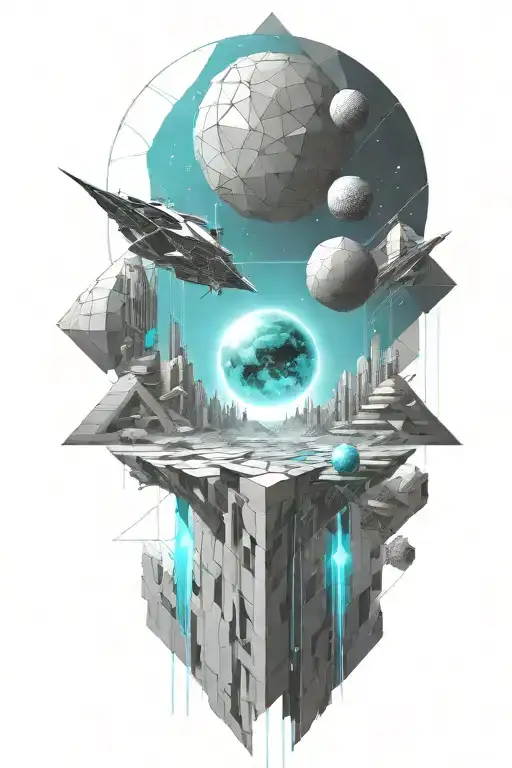 A geometric space landscape inspired by technology incorporating a small amount of cyan tattoo design idea