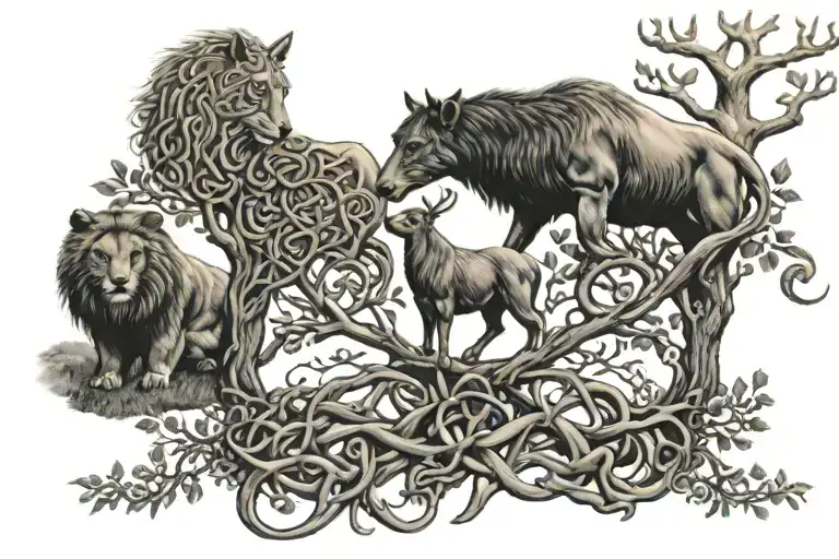 celtic tree of life intertwined with celtic animals tattoo design idea