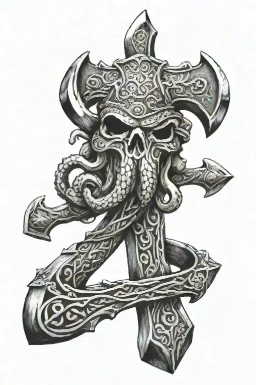 Viking axe with octopus wrapped together tattoo design idea
