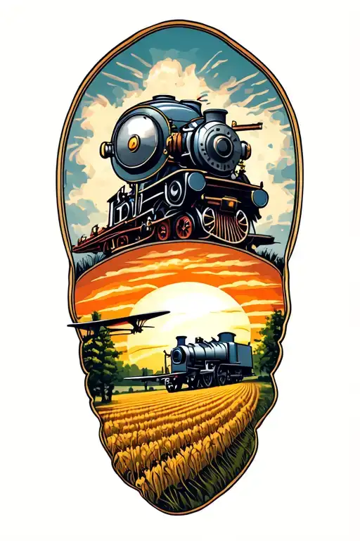 framed sleeve with a dive helmet, steam locomotive, radial airplane engine, and sun rising over a farm field tattoo design idea