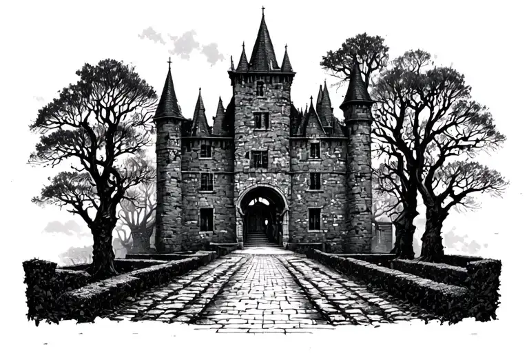Haunted castle and courtyard, hedge rows, expansive, spooky, misty, cloudy ruins tattoo design idea