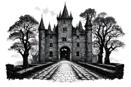 Haunted castle and courtyard, hedge rows, expansive, spooky, misty, cloudy ruins tattoo design idea