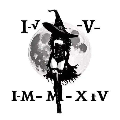 "I V - V -M M X I V" sexy witch silhouette over full moon tattoo design idea