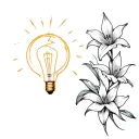 broken light bulb with lillies growing tattoo design idea