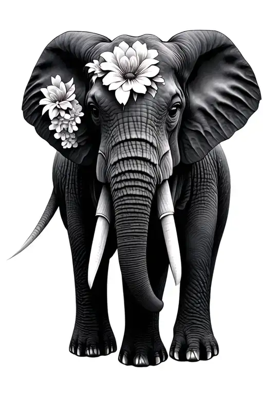 realistic elephant head with flowers intertwined tattoo design idea