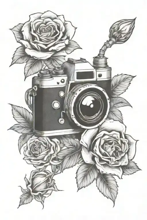 skull roses and camera lens transforming metal tattoo design idea