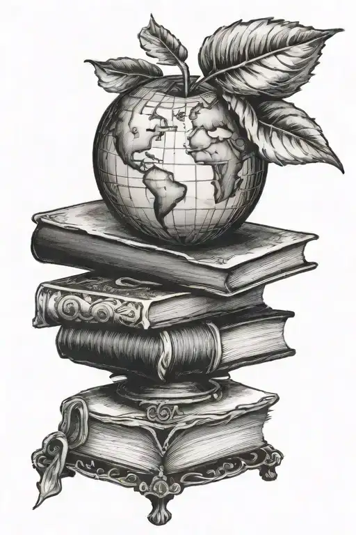 apple globe and stack of books symbolizing teaching and learning tattoo design idea