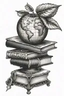 apple globe and stack of books symbolizing teaching and learning tattoo design idea