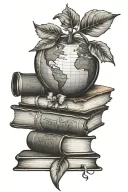 apple globe and stack of books symbolizing teaching and learning tattoo design idea