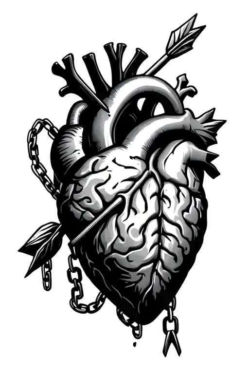 heart pierced by an arrow. Arrow with chain connected to the brain tattoo design idea