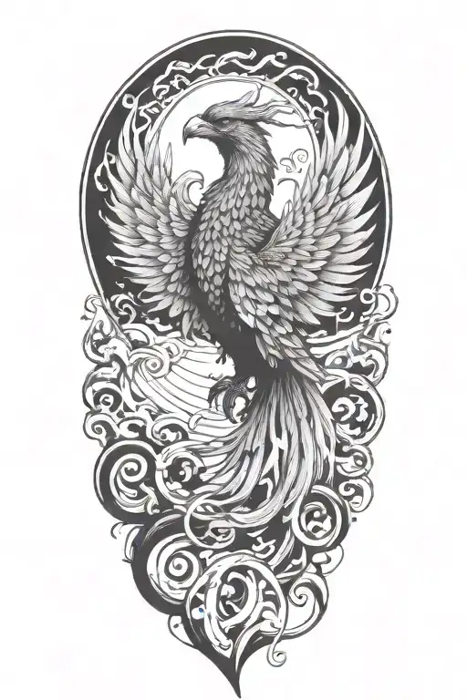 A blackwork tattoo of a phoenix rising from the water, symbolizing strength, resilience, and the power of transformation tattoo design idea