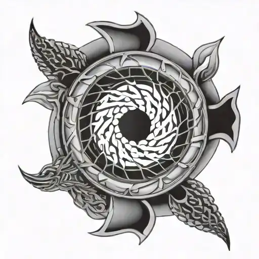 Wheel of Time based ouroboros in an infinity shape positioned  above a wheel with 7 spokes tattoo design idea