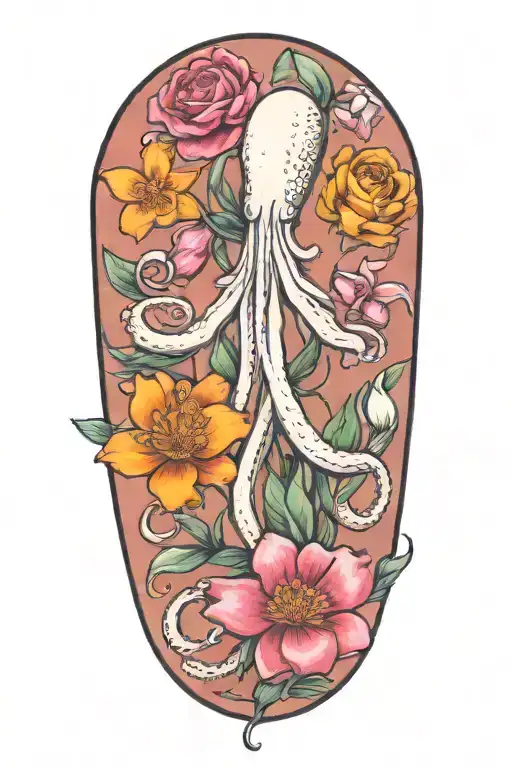 snowdrop, rose, marigold, octopus tentacles tattoo design idea
