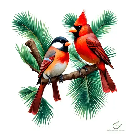 cardinal and chickadee palm tree intertwined tattoo design idea