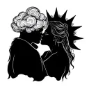 line art guy with a cloud head. kissing a girl with a sun head.  tattoo design idea