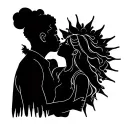 line art guy with a cloud head. kissing a girl with a sun head.  tattoo design idea