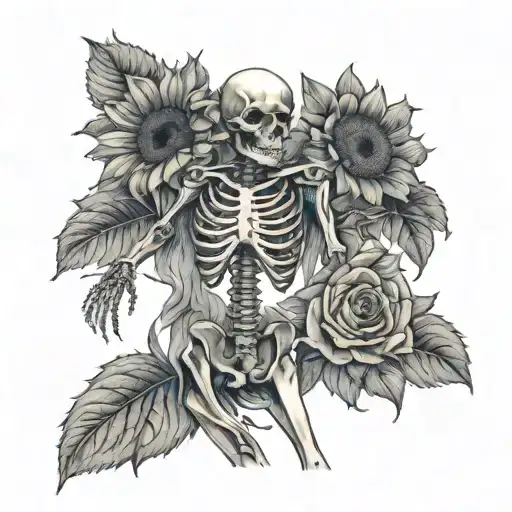 dancing full body skeleton that is holding a bouquet of 3 sunflowers and 1 rose tattoo design idea