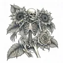 dancing full body skeleton that is holding a bouquet of 3 sunflowers and 1 rose tattoo design idea