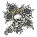 dancing full body skeleton that is holding a bouquet of 3 sunflowers and 1 rose tattoo design idea