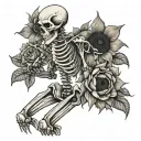 dancing full body skeleton that is holding a bouquet of 3 sunflowers and 1 rose tattoo design idea