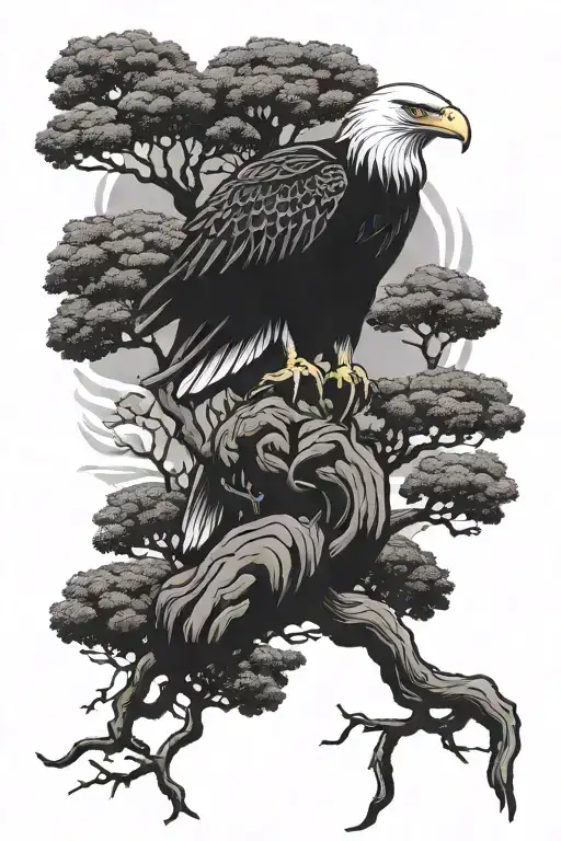 eagle and bonsai tree growing tattoo design idea