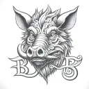 Boar head, tongue out, entertwined with letter B 3D representation tattoo design idea