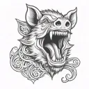 Boar head, tongue out, entertwined with letter B 3D representation tattoo design idea