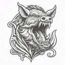 Boar head, tongue out, entertwined with letter B 3D representation tattoo design idea