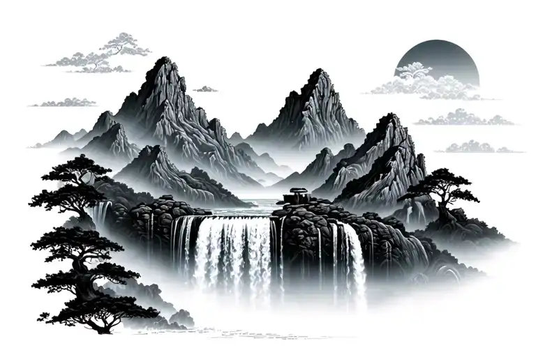 waterfalls with mountains Chinese  tattoo design idea