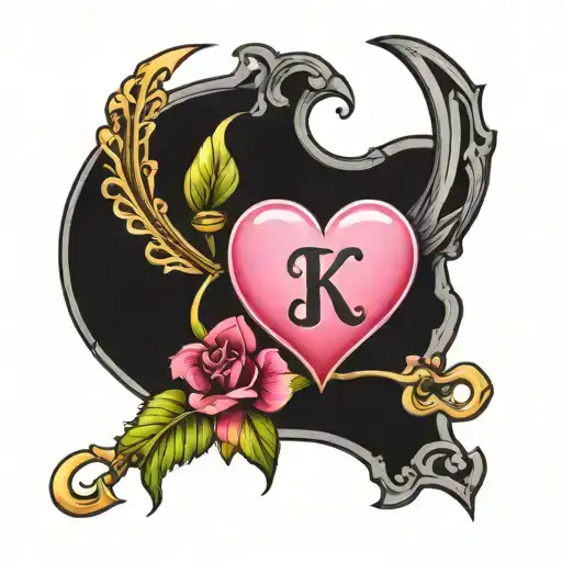 Créate me a heart key with the initials K B C C with pink cherry and and a crescent moon wrist tattoo  tattoo design idea